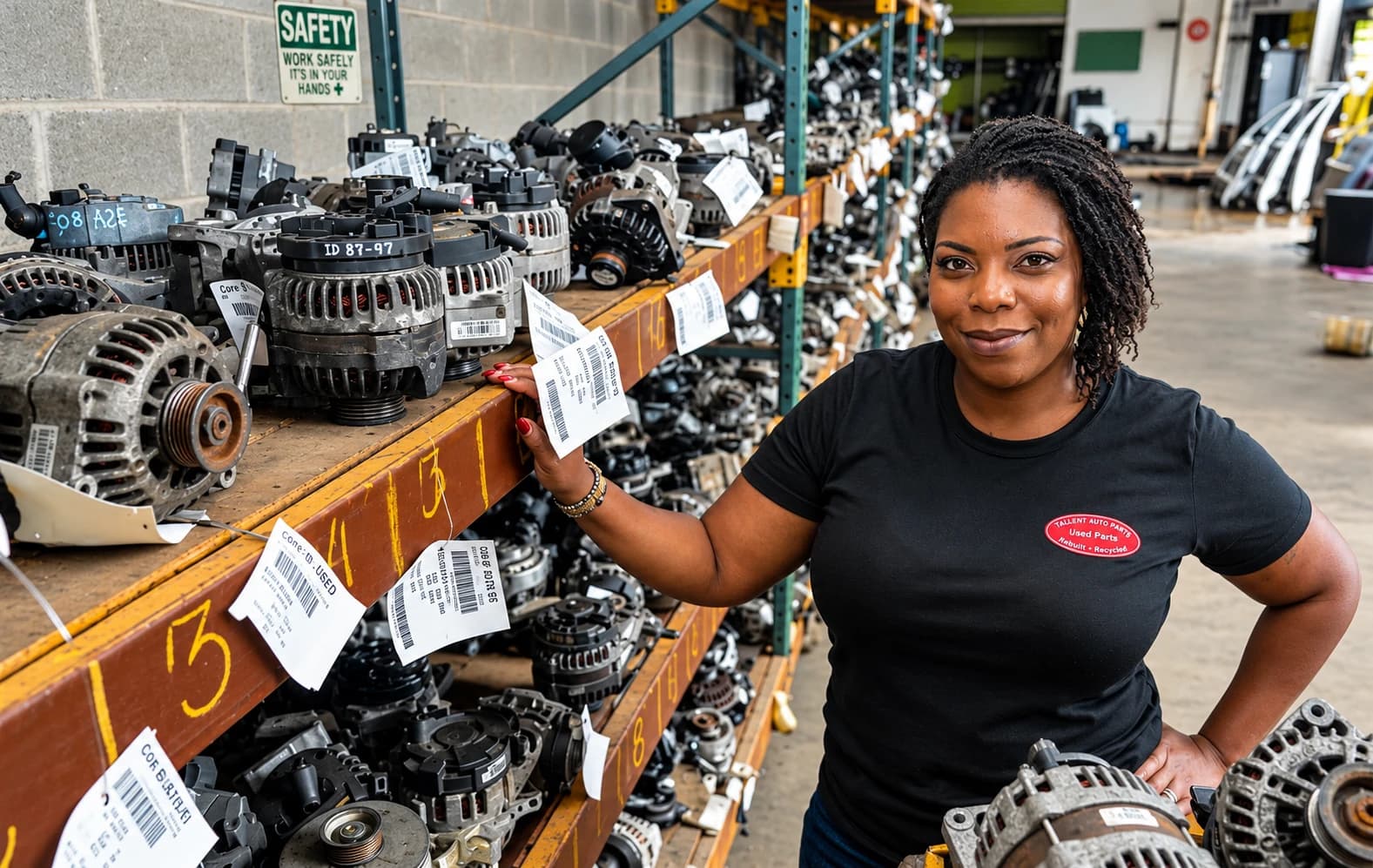Yomo Autoparts specialist beside a rack of tagged alternators