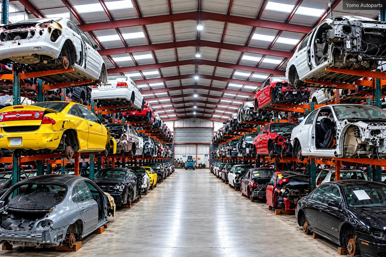 Donor vehicles stacked on racks inside the yard