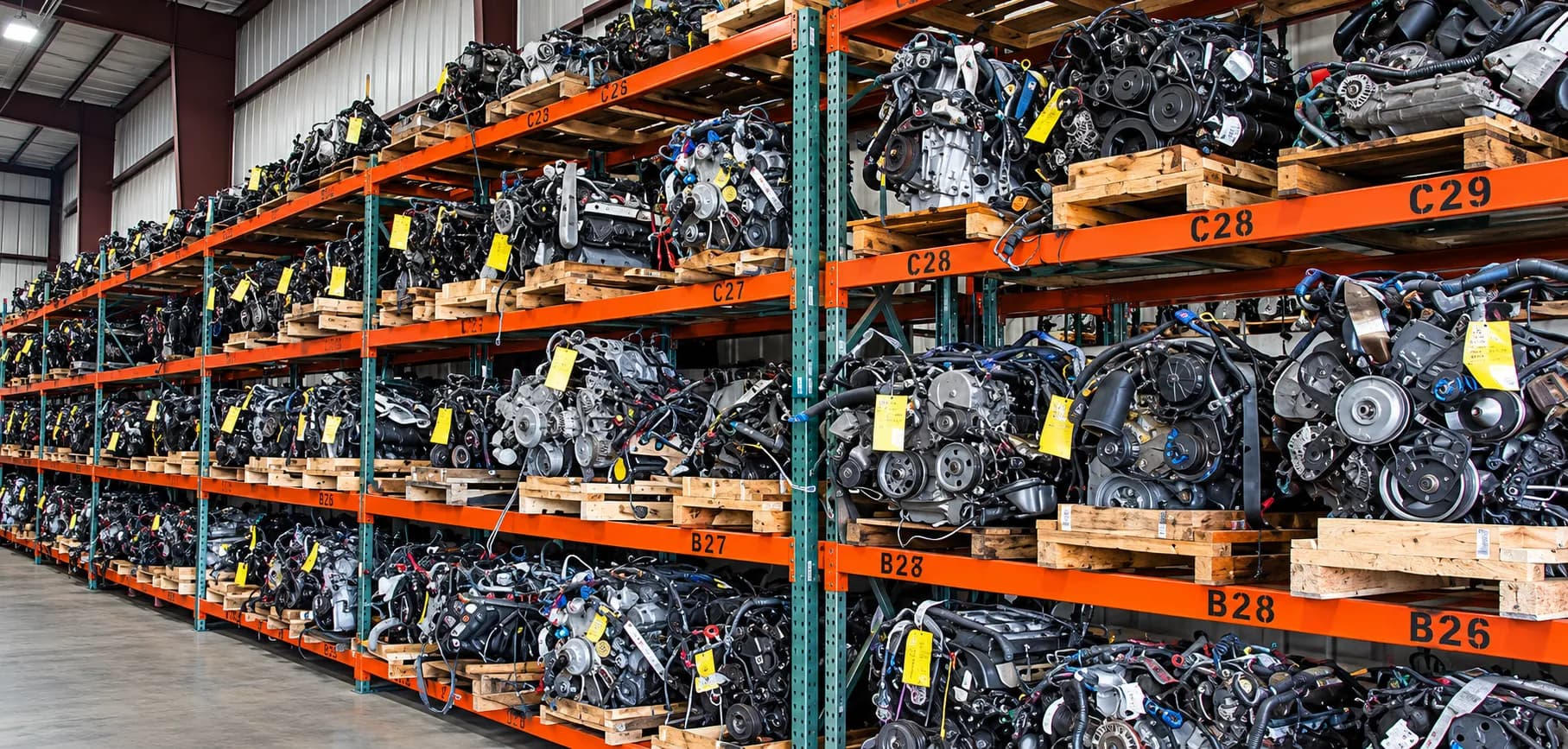 Racks of tagged engines on pallets in the warehouse