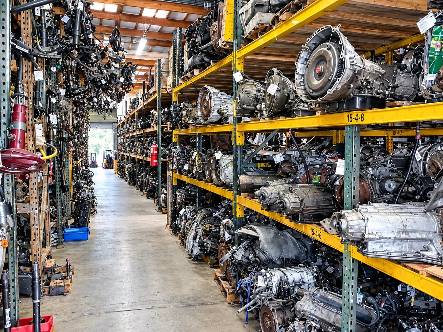 Aisle of tested transmissions on yellow racks